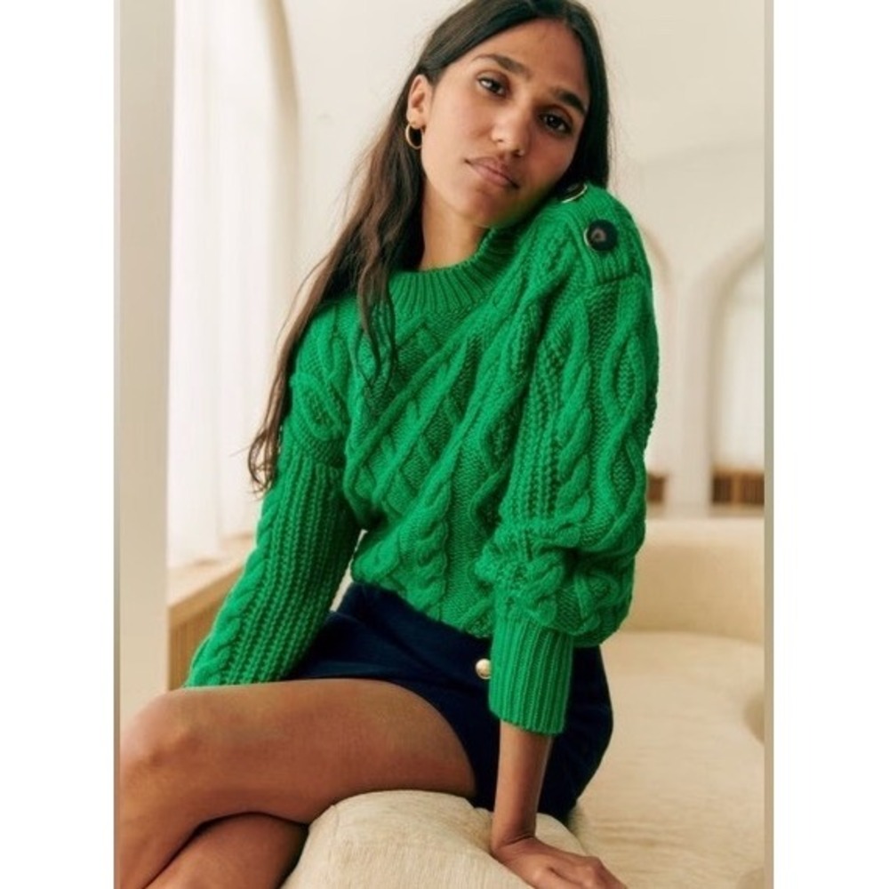 Sezane James Jumper Green Merino Wool Cable Knit Sweater XS NEW